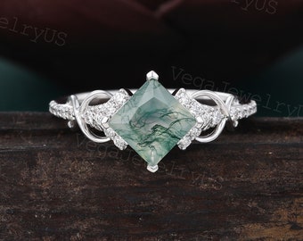 Princess cut moss agate engagement ring Unique white gold moissanite ring Dainty diamond bridal ring Twist promise ring Anniversary ring