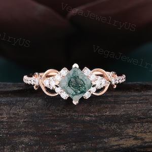 Princess cut moss agate engagement ring Vintage rose gold Twist moissanite ring Dainty diamond bridal ring promise Anniversary ring Women