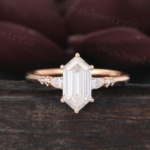 Long hexagon moissanite engagement ring Vintage rose gold engagement ring Pear cut diamond dainty bridal ring promise ring anniversary gift