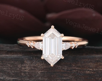 Long hexagon moissanite engagement ring Vintage rose gold engagement ring Pear cut diamond dainty bridal ring promise ring anniversary gift
