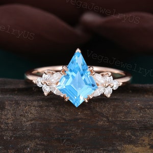 Kite cut Swiss Blue Topaz engagement ring Vintage Rose gold Marquise cut Moissanite cluster ring bridal marriage promise ring for Women