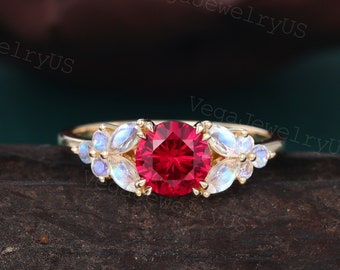 Vintage Ruby Engagement Ring Women Yellow Gold Ruby Engagement Ring Marquise Moonstone Ring Dainty Bridal Ring Promise Ring Anniversary Gift