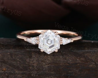Vintage hexagon moissanite engagement ring Unique rose gold engagement ring Kite cut diamond bridal ring Dainty promise ring Gift for her