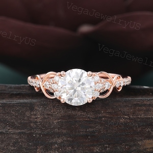 Round Cut Moissanite engagement ring Vintage Rose gold Moissanite diamond bridal ring Art Deco Twist promise ring anniversary ring for Women