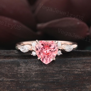 Heart cut Lab Pink Sapphire engagement ring Vintage rose gold Twist Marquise cut Moissanite bridal ring Dainty promise Anniversary ring