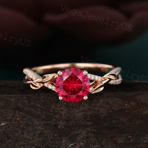 Unieke Round Lab Ruby verlovingsring vintage roségouden verlovingsring Diamond Leaf bruiloft bruidsring Dames jubileum beloftering