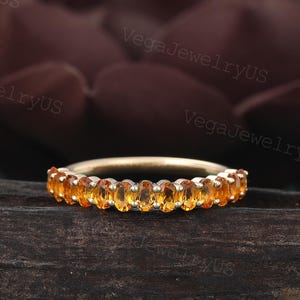 Oval cut Citrine Wedding band Unique Yellow gold half eternity Antique Birthstone Matching Stacking ring Promise ring Anniversary ring Women