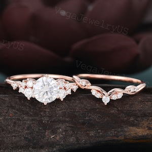 Vintage moissanite engagement ring set Unique rose gold engagement ring set Dainty diamond bridal set promise ring Anniversary gift