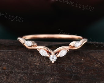 Curved wedding band Rose gold Marquise Moissanite wedding ring Art deco Diamond ring Matching Stackable ring dainty bridal ring Promise ring