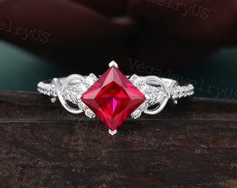 Princess cut ruby engagement ring Unique white gold moissanite bridal ring Dainty diamond marriage ring Twist promise ring Anniversary ring