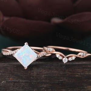 Princess cut Lab Opal Engagement ring set Vintage Rose Gold Moissanite Wedding Ring Set Twist marriage Infinity ring set for women Gift