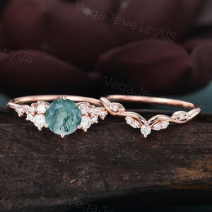 Round moss agate engagement ring set Unique rose gold engagement ring set Dainty diamond bridal set promise ring Women Anniversary gift