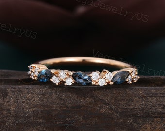 Marquise London Blue Topaz wedding band Vintage Rose gold Moissanite wedding ring Matching Stackable ring dainty bridal ring promise gift