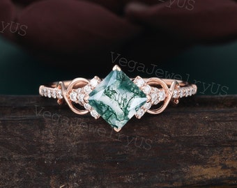 Princess cut moss agate engagement ring Unique rose gold moissanite ring Dainty diamond bridal ring Twist promise ring Anniversary ring