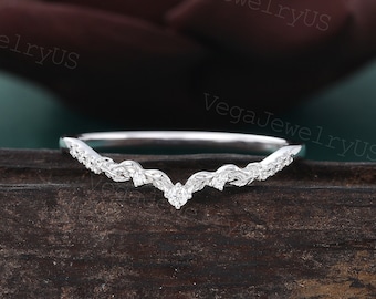 Unique Moissanite Curved wedding band White gold wedding band Art deco Leaf Diamond ring Matching Stackable ring Promise dainty bridal ring