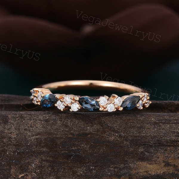 Marquise London Blue Topaz wedding band Vintage Rose gold Moissanite wedding ring Matching Stackable ring dainty bridal ring promise gift