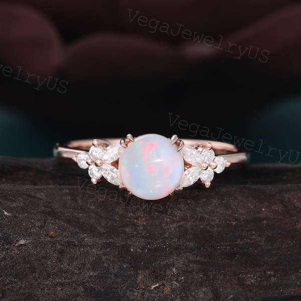 Vintage Opal engagement ring Unique rose gold opal engagement ring dainty bridal ring Marquise moissanite ring promise ring Anniversary gift