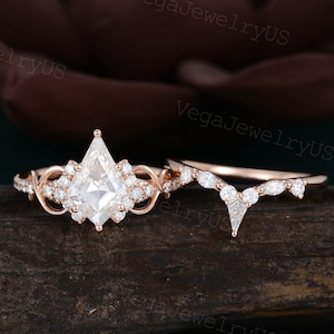 Kite cut moissanite engagement ring set Unique rose gold diamond ring set Dainty bridal set Twist promise ring Half eternity crossed ring