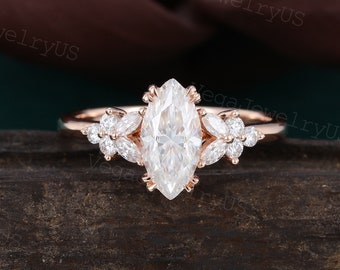 Marquise moissanite engagement ring Rose gold butterfly engagement ring Vintage diamond cluster ring Art deco bridal ring Promise gift