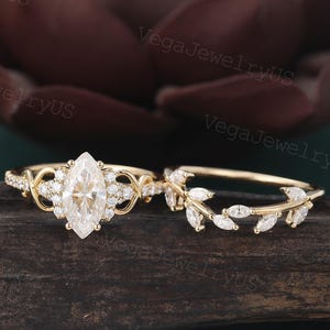 Marquise cut moissanite engagement ring set Unique Yellow gold Art Deco Botanical Marquise cut Moissanite Bridal ring set for Women Gift