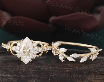 Marquise cut moissanite engagement ring set Unique Yellow gold Art Deco Botanical Marquise cut Moissanite Bridal ring set for Women Gift