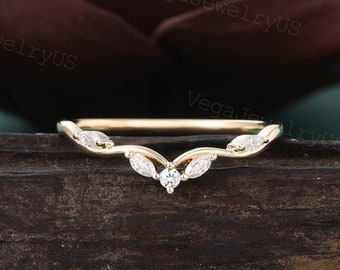 Marquise Curved wedding band Yellow gold Moissanite wedding ring Art deco Diamond ring Matching Stackable ring dainty bridal Promise ring