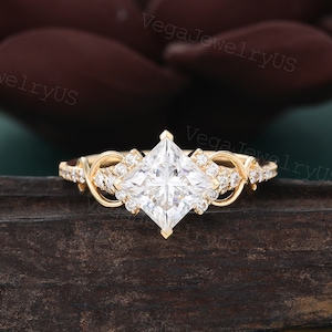 Princess cut Moissanite engagement ring Unique yellow gold engagement ring dainty diamond bridal ring Twist ring promise anniversary ring