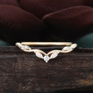 Marquise Curved wedding band Yellow gold Moissanite wedding ring Art deco Diamond ring Matching Stackable ring dainty bridal Promise ring