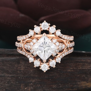Princess cut moissanite Engagement ring set Vintage rose gold Enhancer Double Round Moissanite Diamond Wedding Ring promise Bridal ring Set