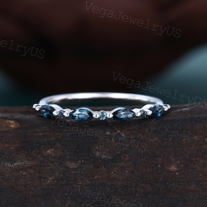 Half eternity London Blue Topaz wedding band Unique White gold wedding band Marquise Topaz marriage ring Art deco matching stackable ring