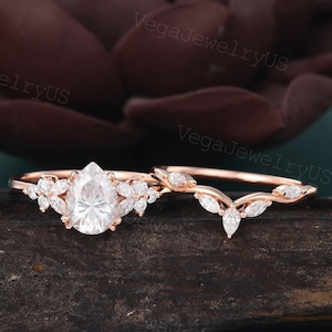 Pear shaped moissanite ring set Rose gold butterfly engagement ring set Marquise diamond cluster ring set Art deco bridal gift for woman