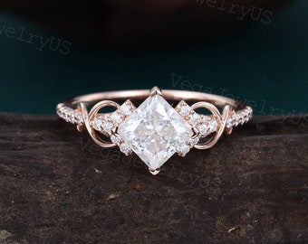 Princess cut Moissanite engagement ring Unique rose gold engagement ring dainty diamond bridal ring Twist ring promise ring anniversary gift