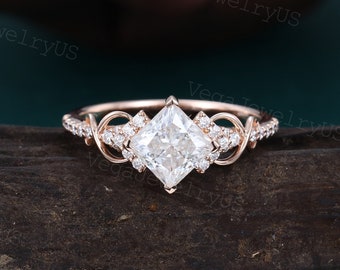 Prinses geslepen Moissanite verlovingsring Unieke roségouden verlovingsring sierlijke diamanten bruidsring Twist ring belofte ring jubileumcadeau