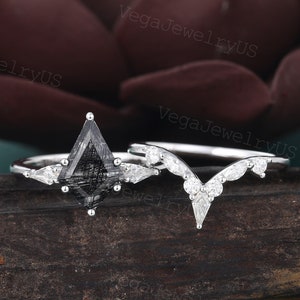 Kite cut black rutilated quartz ring set Unique white gold engagement ring set Art deco moissanite ring set Dainty diamond bridal set