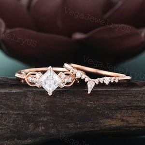 Princess cut moissanite ring set Unique rose gold engagement ring set Dainty Kite wedding band Milgrain diamond bridal set Marriage ring