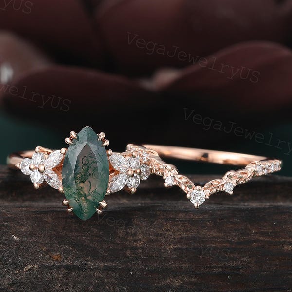 Conjunto de anillo de compromiso de ágata musgosa talla marquesa, oro rosa vintage, conjunto de anillo de diamantes y moissanita talla marquesa, conjunto de anillo nupcial art déco para mujer, regalo