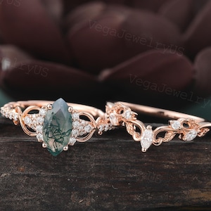 Marquise Cut Moss Agate Engagement ring set Vintage Rose gold Marquise Art Deco Leaf Moissanite Bridal ring set for Women Anniversary Gift