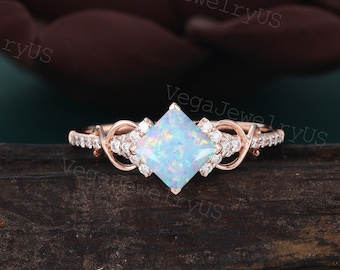 Princess cut opal engagement ring Rose gold moissanite ring Dainty diamond bridal ring Twist promise ring Marriage ring Anniversary ring