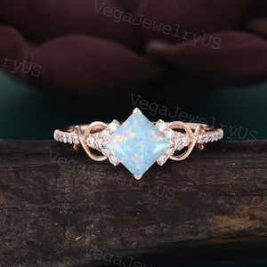 Princess cut opal engagement ring Rose gold moissanite ring Dainty diamond bridal ring Twist promise ring Marriage ring Anniversary ring