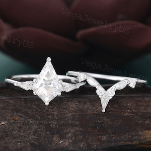 Kite shaped moissanite ring set Unique white gold engagement ring set Art deco diamond bridal set Antique promise ring Anniversary gift