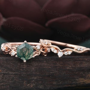 Hexagon cut Moss agate Engagement ring Set Vintage Rose gold Twist Art Deco Leaf Moissanite Diamond Bridal Anniversary Ring Set for Women