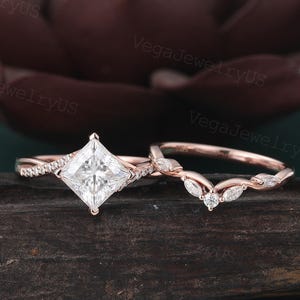 Princess cut moissanite Engagement ring set Vintage Rose Gold Marquise cut Moissanite Wedding Ring Set marriage Infinity Bridal ring set