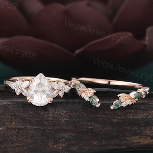 Pear cut moissanite engagement ring set Vintage Rose gold Open Marquise Moss Agate Diamond Wedding Ring Set Dainty Moissanite promise Ring