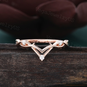 Vintage Moissanite wedding band Unique 14K Rose gold Curved wedding band Art deco Twist Diamond ring Matching Stackable ring Promise band
