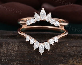 Vintage curved wedding band Rose gold moissanite wedding band Pear cut diamond ring Matching stackable ring Double band ring Enhancer ring