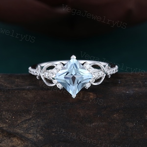 Princess cut aquamarine engagement ring Unique white gold moissanite ring Dainty diamond bridal ring Twist promise ring Anniversary gift