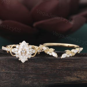 Marquise cut moissanite engagement ring set Unique Yellow gold Art Deco Botanical Open Marquise cut Moissanite Bridal ring set for Women