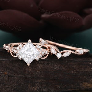 Princess cut moissanite ring set Unique rose gold engagement ring set Dainty diamond bridal set Twist promise ring Antique marriage ring