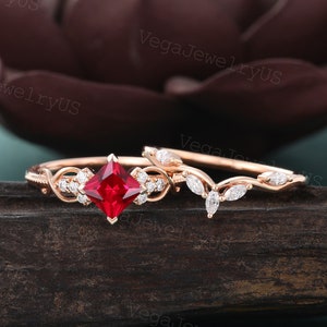 Princess cut Lab Ruby engagement ring set Rose gold Marquise cut moissanite ring set diamond bridal set Twist promise ring set Marriage ring image 1