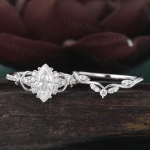 Marquise cut moissanite engagement ring set Unique White gold engagement ring set Dainty Moissanite bridal set promise Anniversary Ring Set